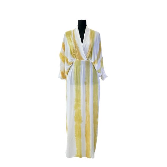 S/W/F Yellow Tie Dye Boho Maxi Caftan 100% Rayon Resort Cover Up Dress- Small - Picture 2 of 9